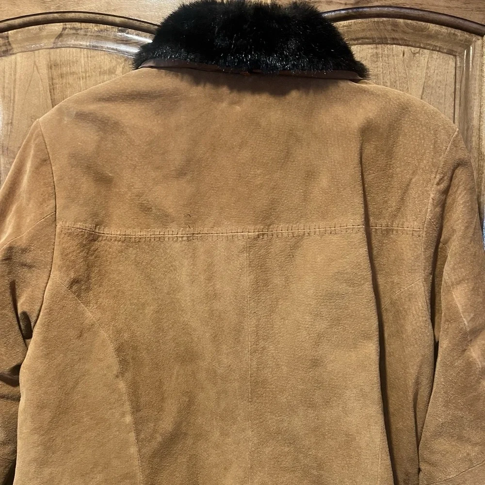MARC MATTIS Genuine‎ Leather Brown Full-Zip Jacket Size XL Furry Hood Women's